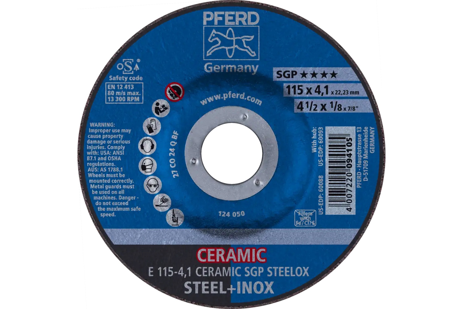 Picture of Pferd Grinding Wheel, 4-1/2" X 1/8 X 7/8, Ceramic Sgp Steelox, T27